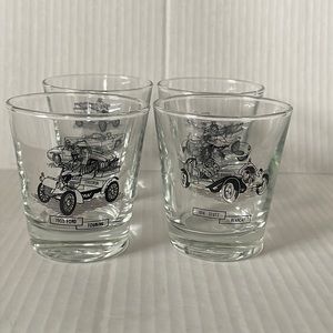 4 Vintage Car Glasses 1903 Ford Touring Mercedes SL Jaguar 1914 Stutz Bearcat